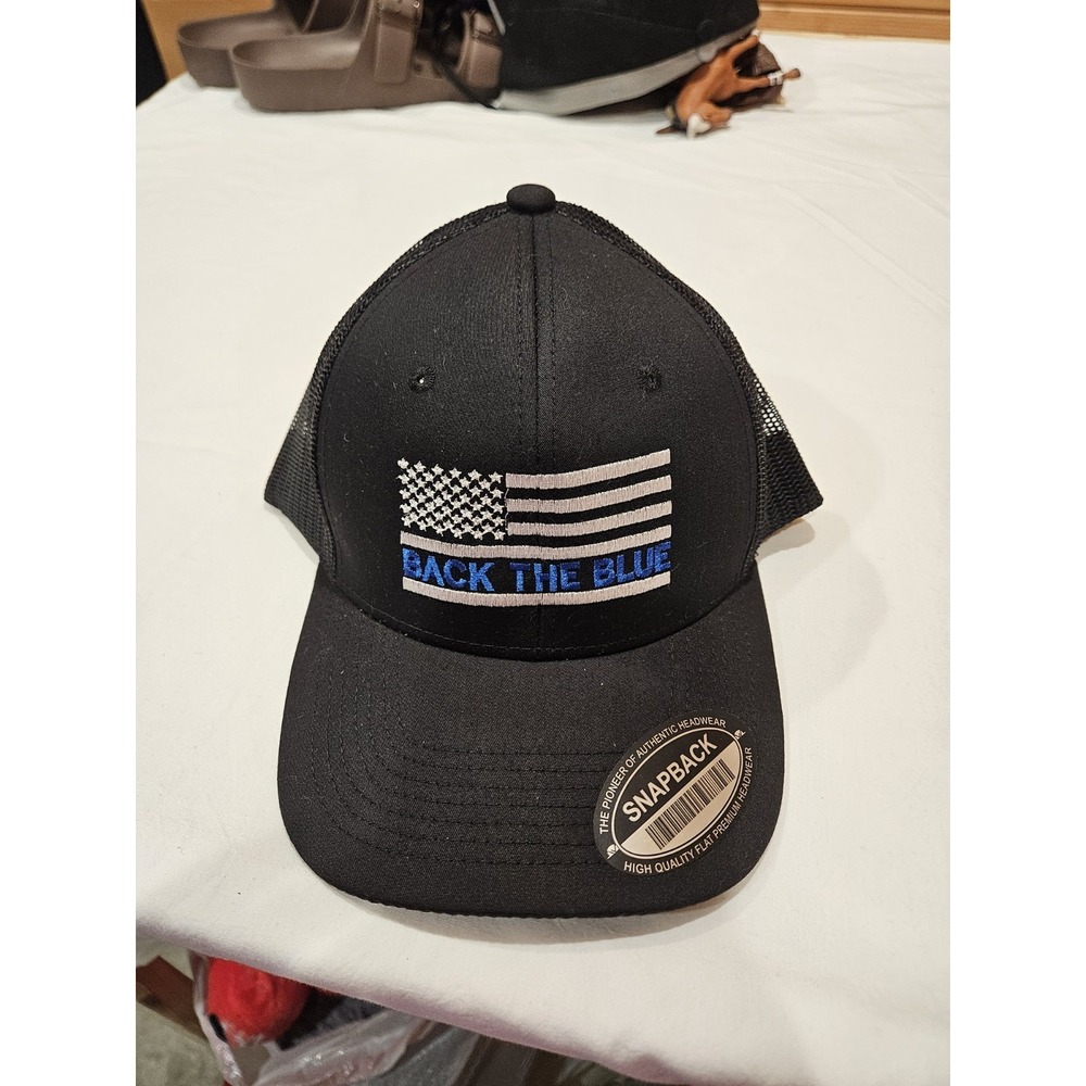 New Back The Blue Thin Blue Line American Flag Mesh Snapback Trucker Hat Black